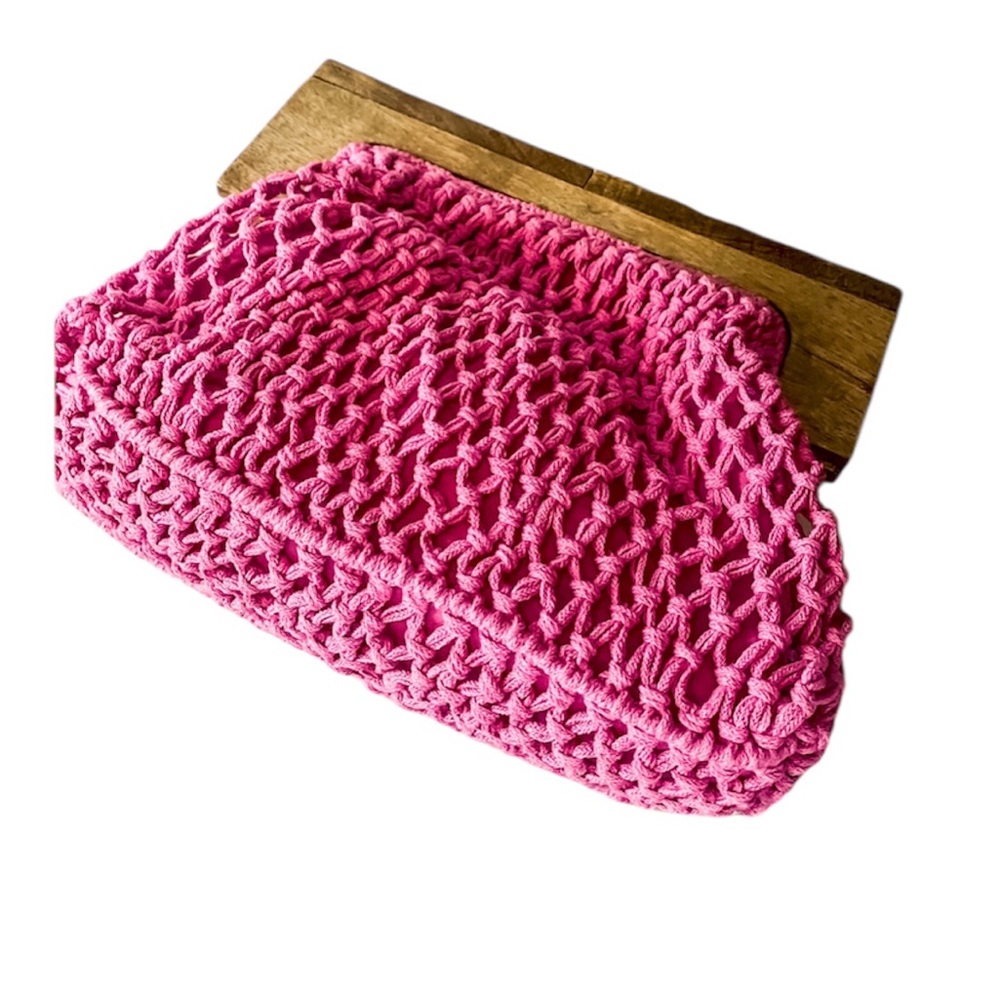 Target Pink Knit Crochet Clutch with Wooden Accent Handle.
